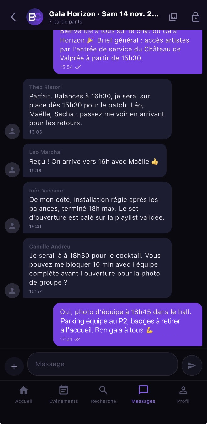 Chat de brief d'un événement avec toute l'équipe