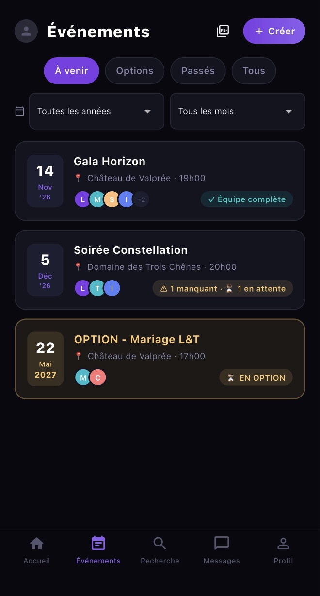 Liste des événements : à venir, options, passés